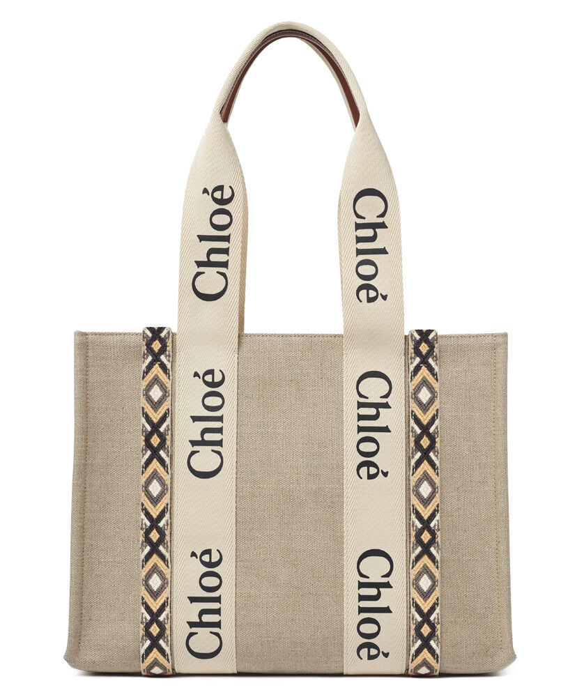 Chloe Medium Woody Tote Bag Canvas with Leather Cream